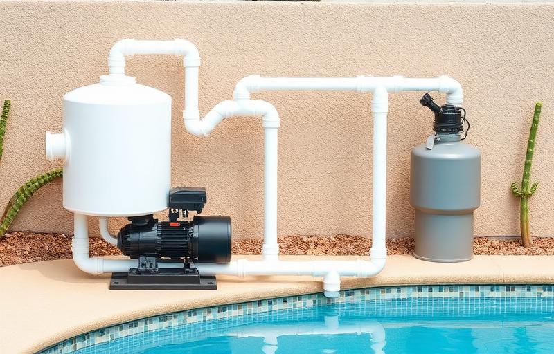 Pool equipment pad with pump, filter, and clean PVC manifold