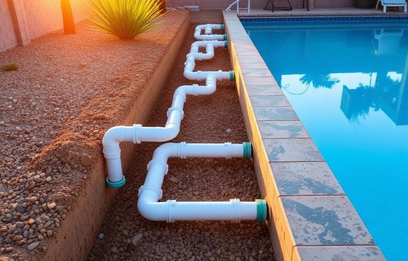New white PVC pool plumbing installed in trench beside pool