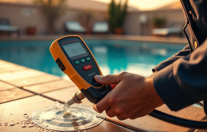 Plumber using electronic leak detection equipment poolside