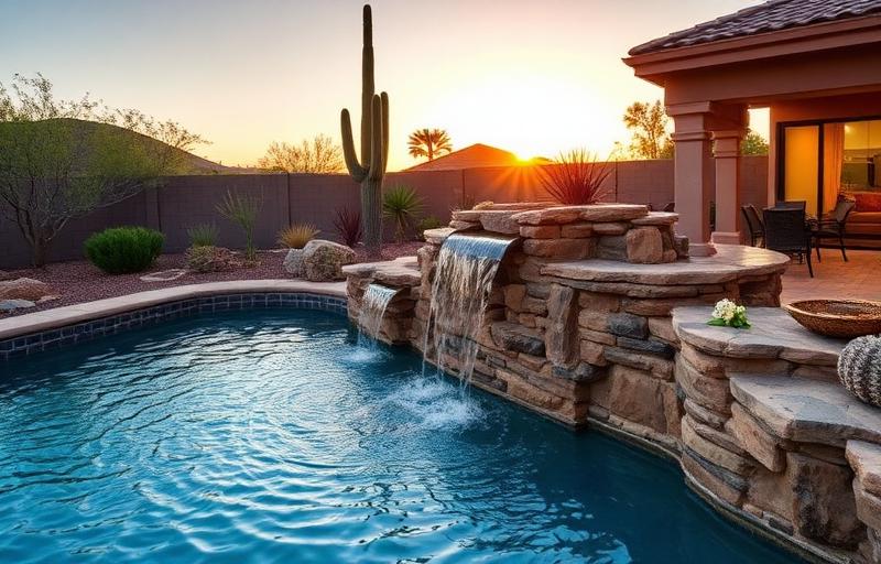 Backyard pool waterfall over stacked stone at sunset